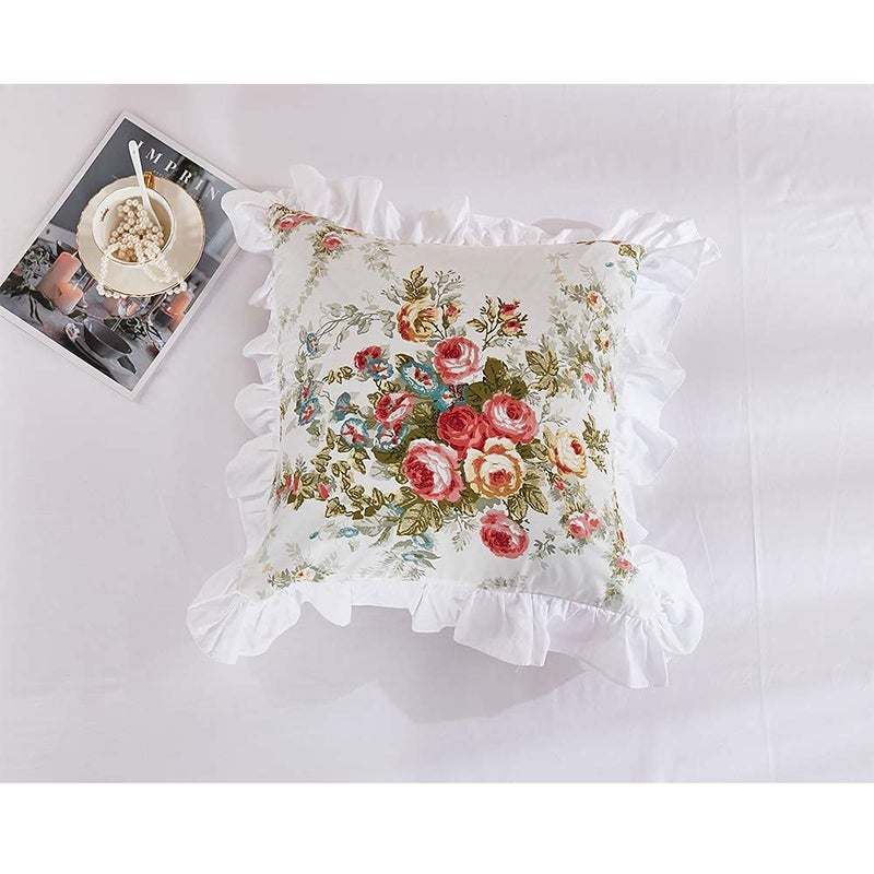 FADFAY Rose Floral Throw Pillow Covers 18x18 Set of 2 Flowers Pillow Cushion Cases Cotton Cushion Covers White Ruffle Decorative Throw Square Pillowcases for Sofa Couch Bedroom Living Room Car - Image 3